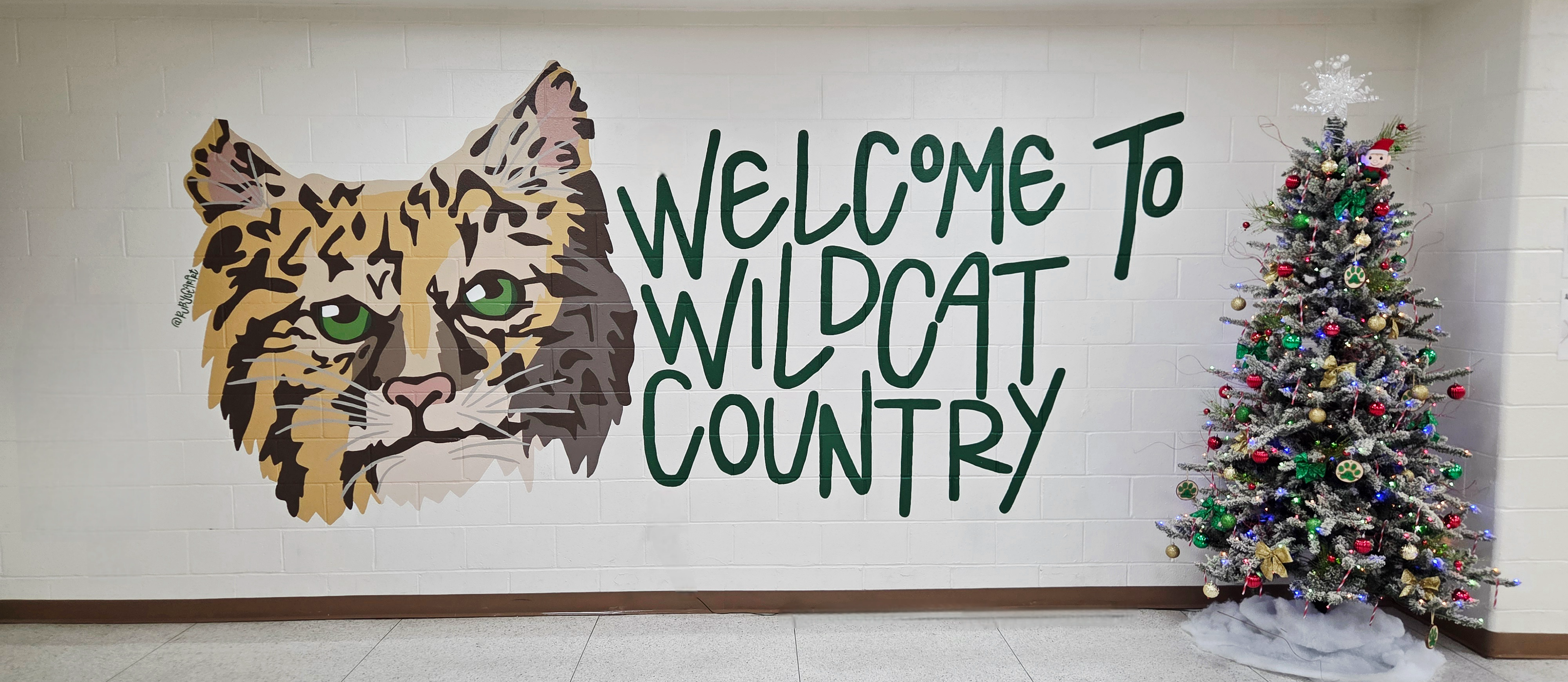 Mural in a school hallway featuring a wildcat head and the text "WELCOME TO WILDCAT COUNTRY," next to a decorated, snow-flocked Christmas tree.