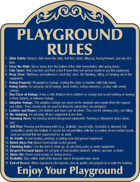 image of Playground Rules. Includes all 19 rules listed on this page.