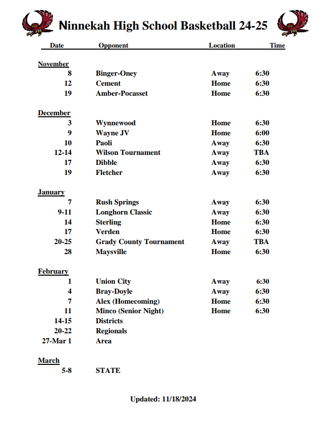 2024-2025 NHS Basketball Schedule