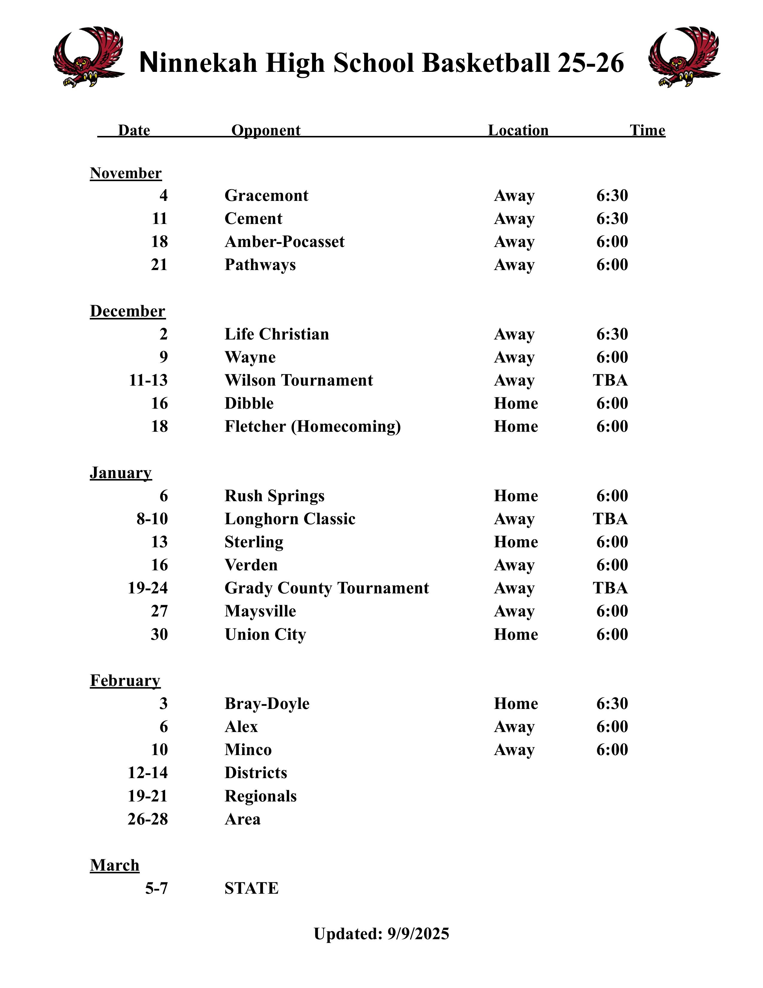 2024-2025 NHS Basketball Schedule