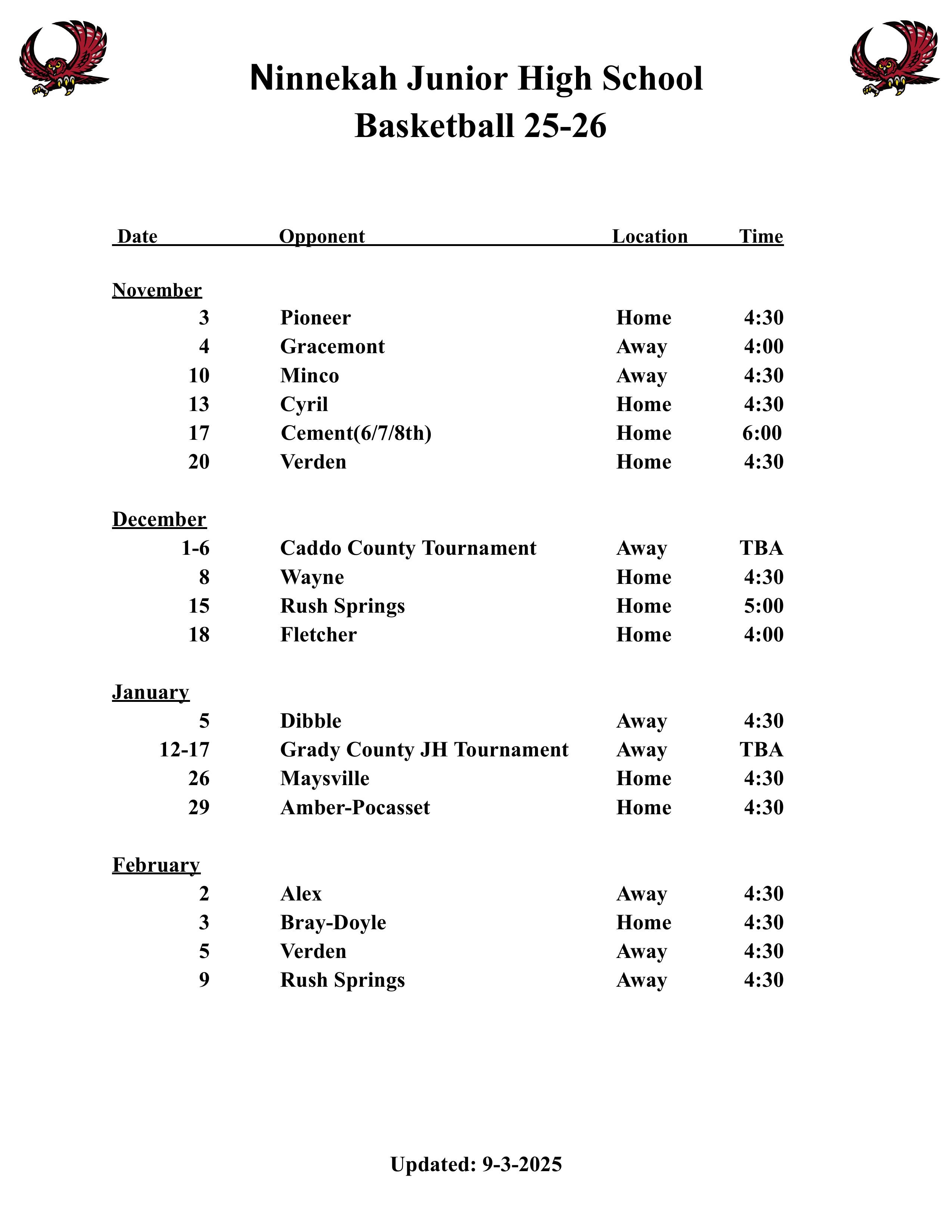 NJH Basketball Schedule