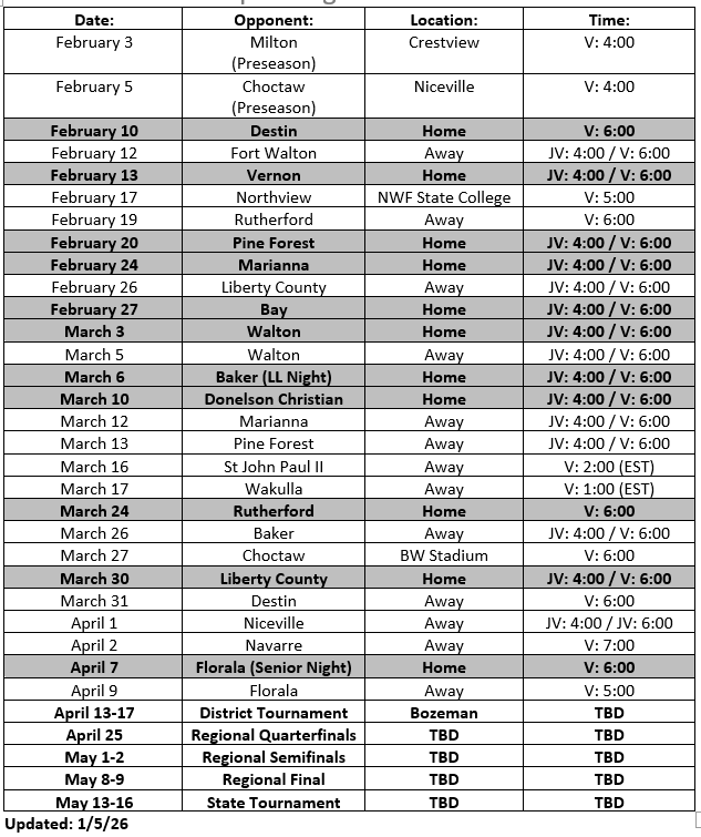 Baseball Schedule 2026