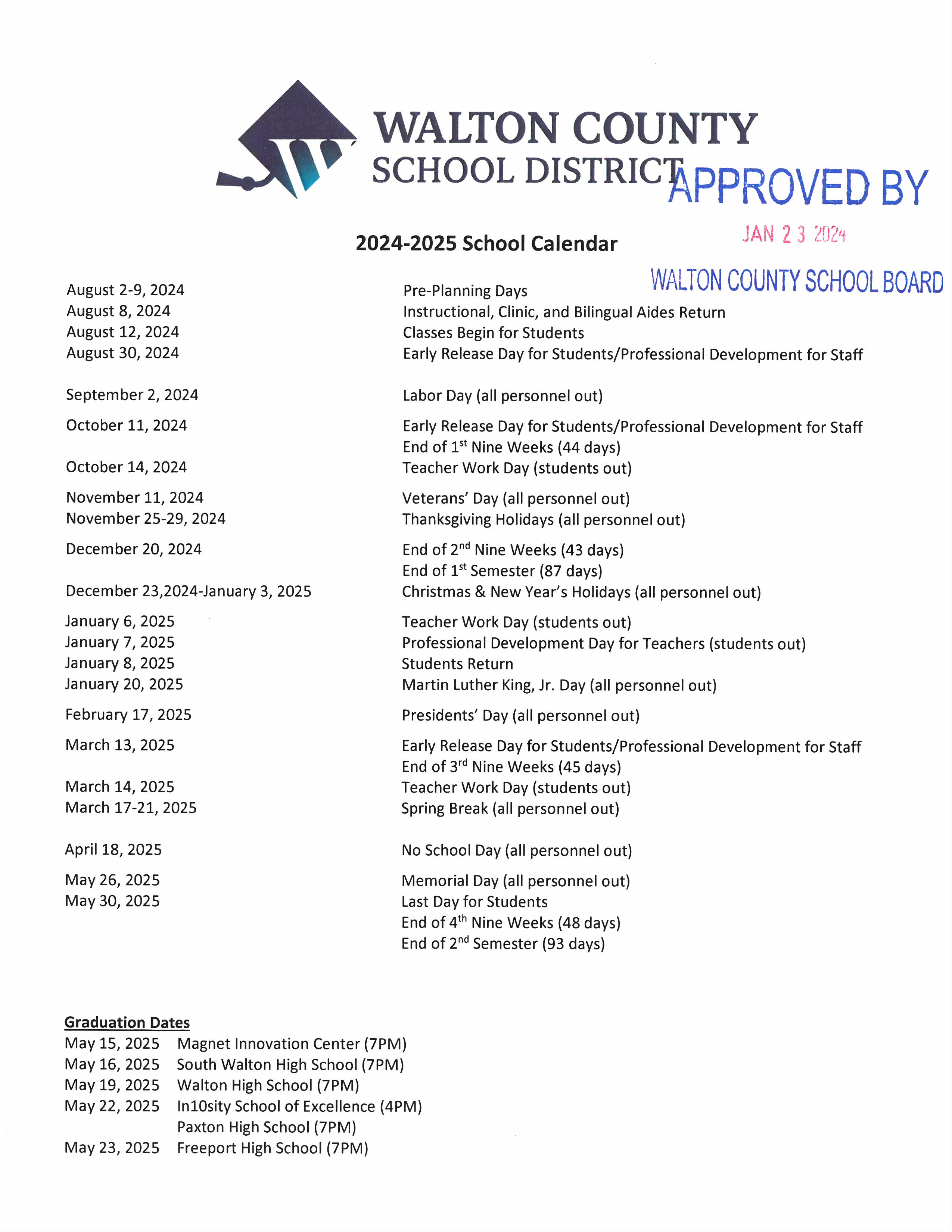 2024-2025 School Calendar