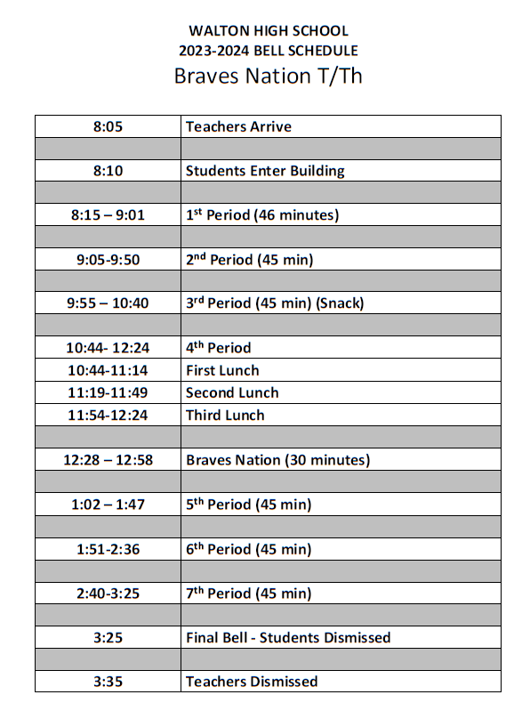 Braves Nation Bell Schedule