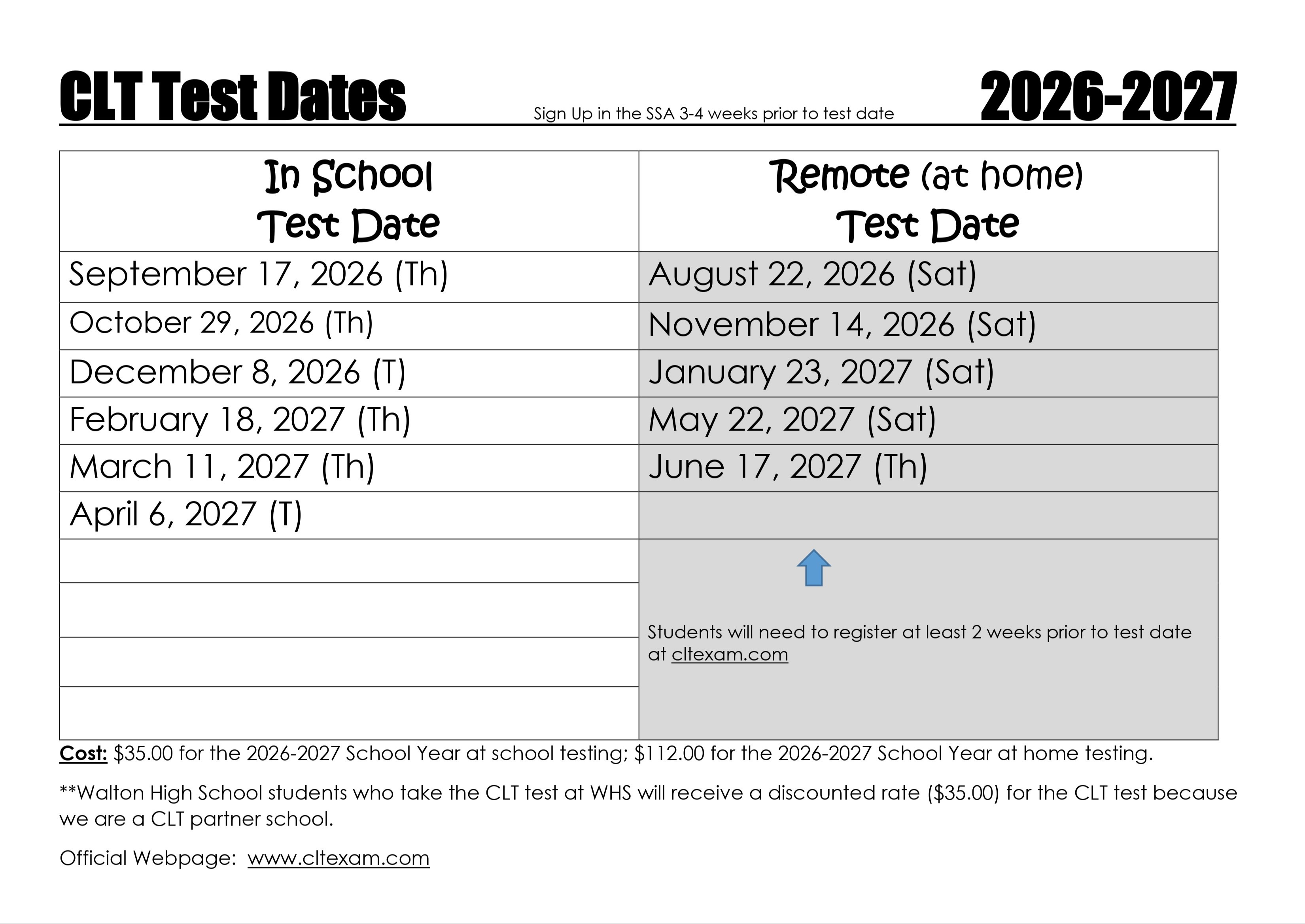 CLT Dates 2026-2027