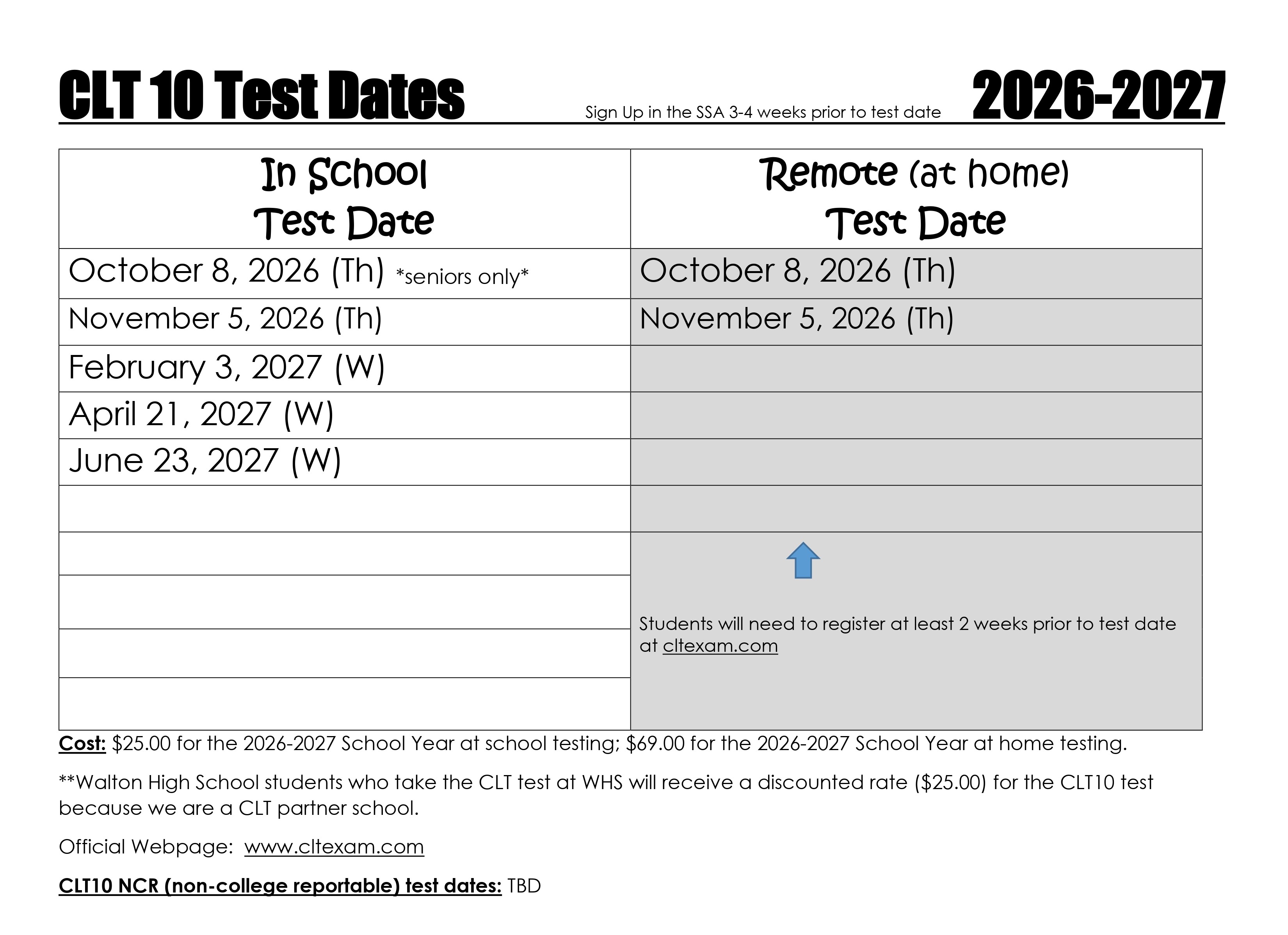 CLT Dates 2026-2027