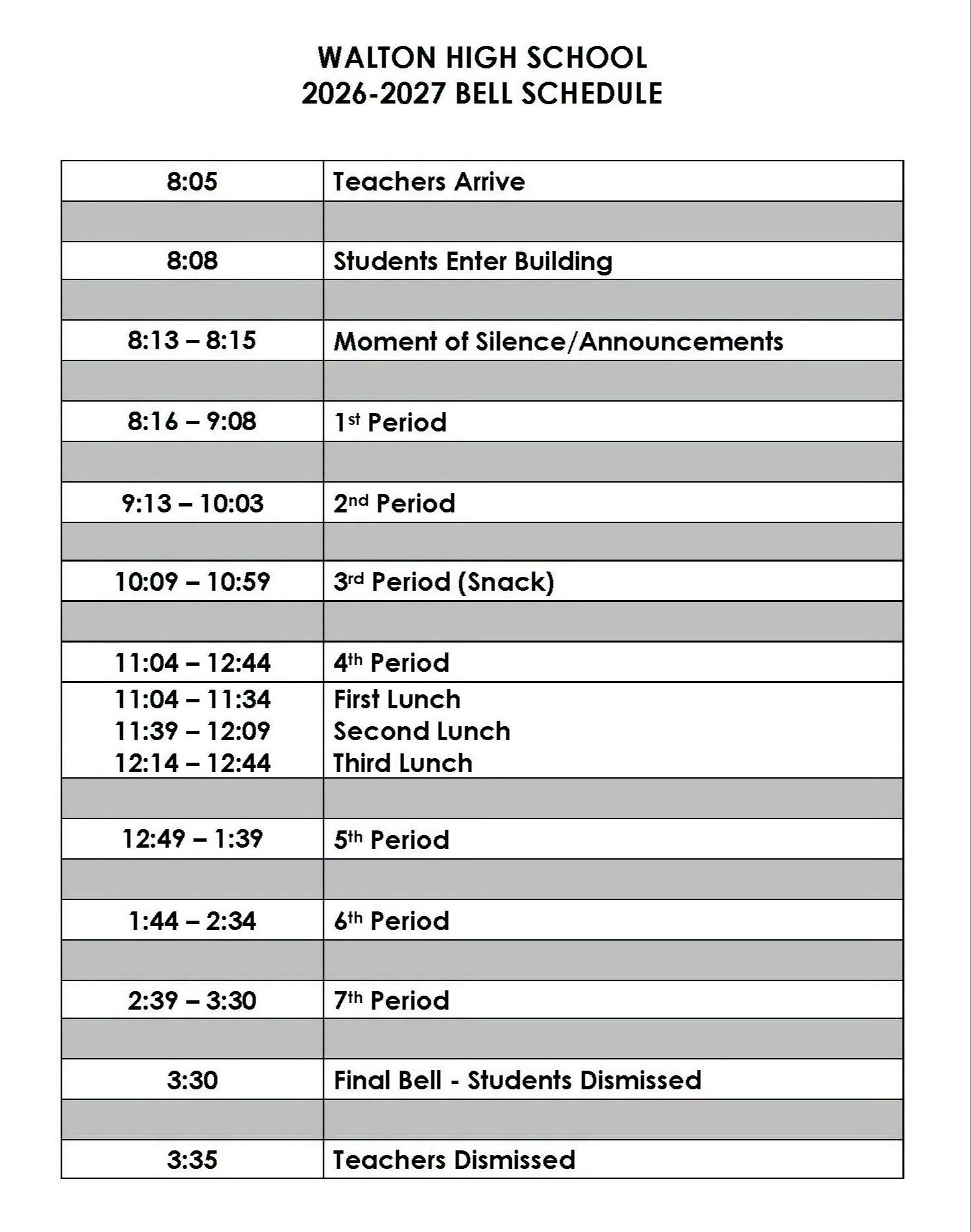 2026-2027 Bell Schedule
