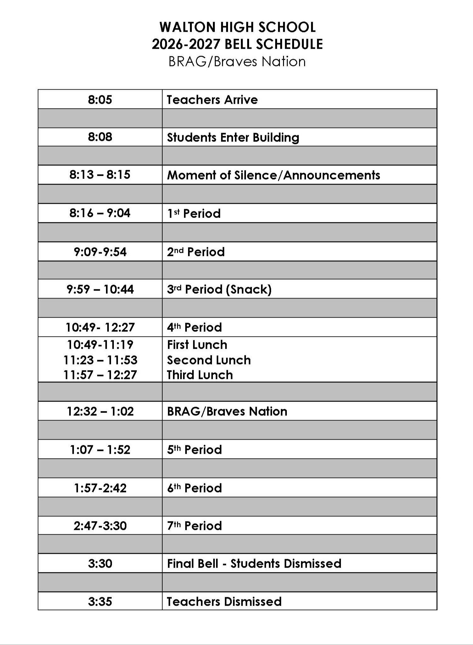 2026-2027 BN Bell Schedule
