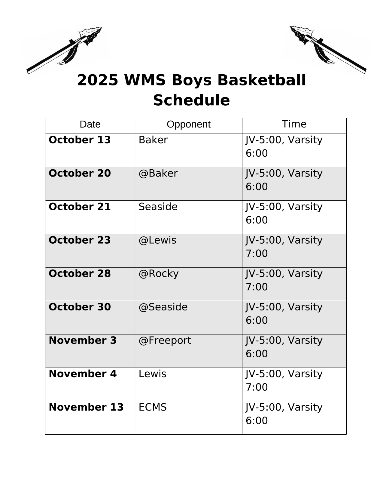 Boys Basketball Schedule