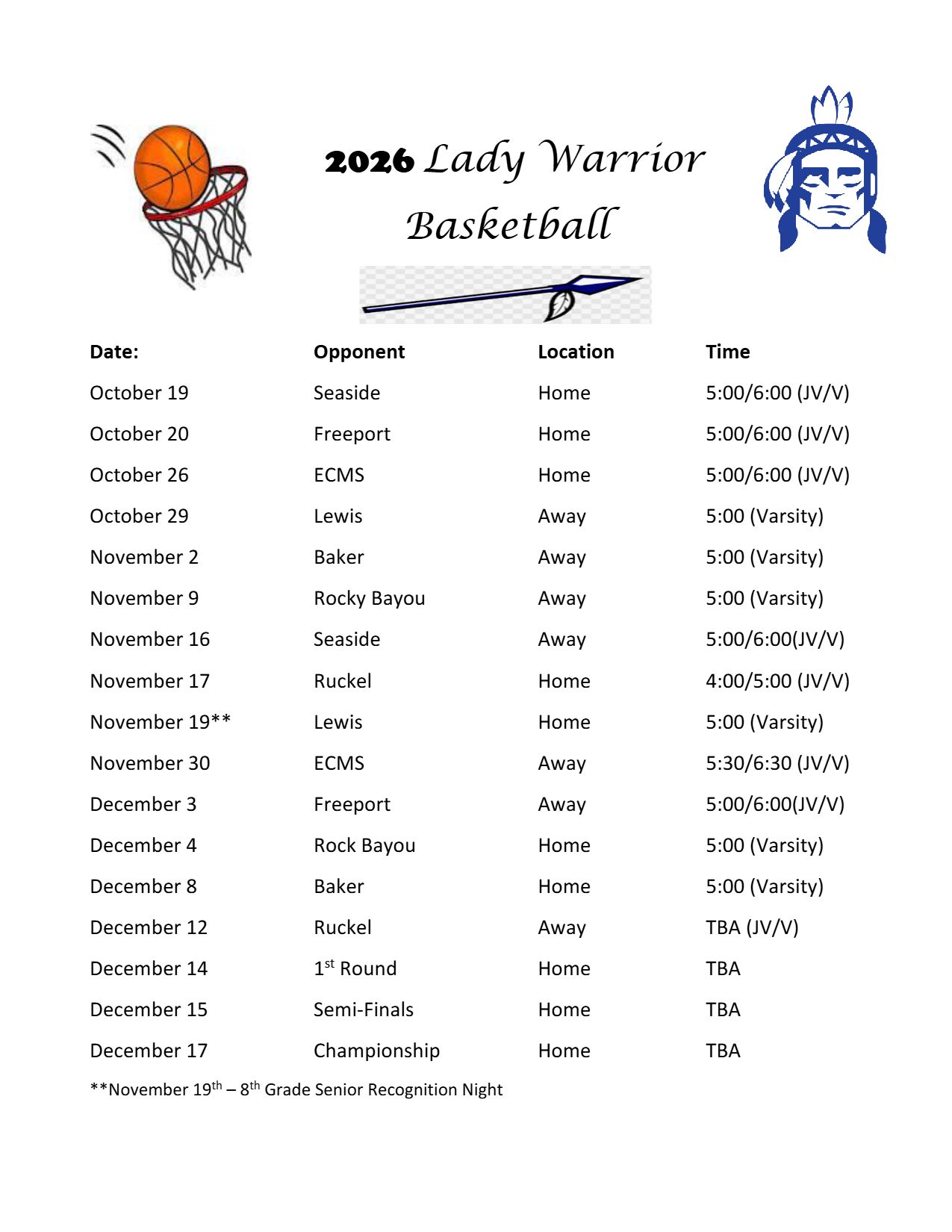 Schedule Girls Basketball