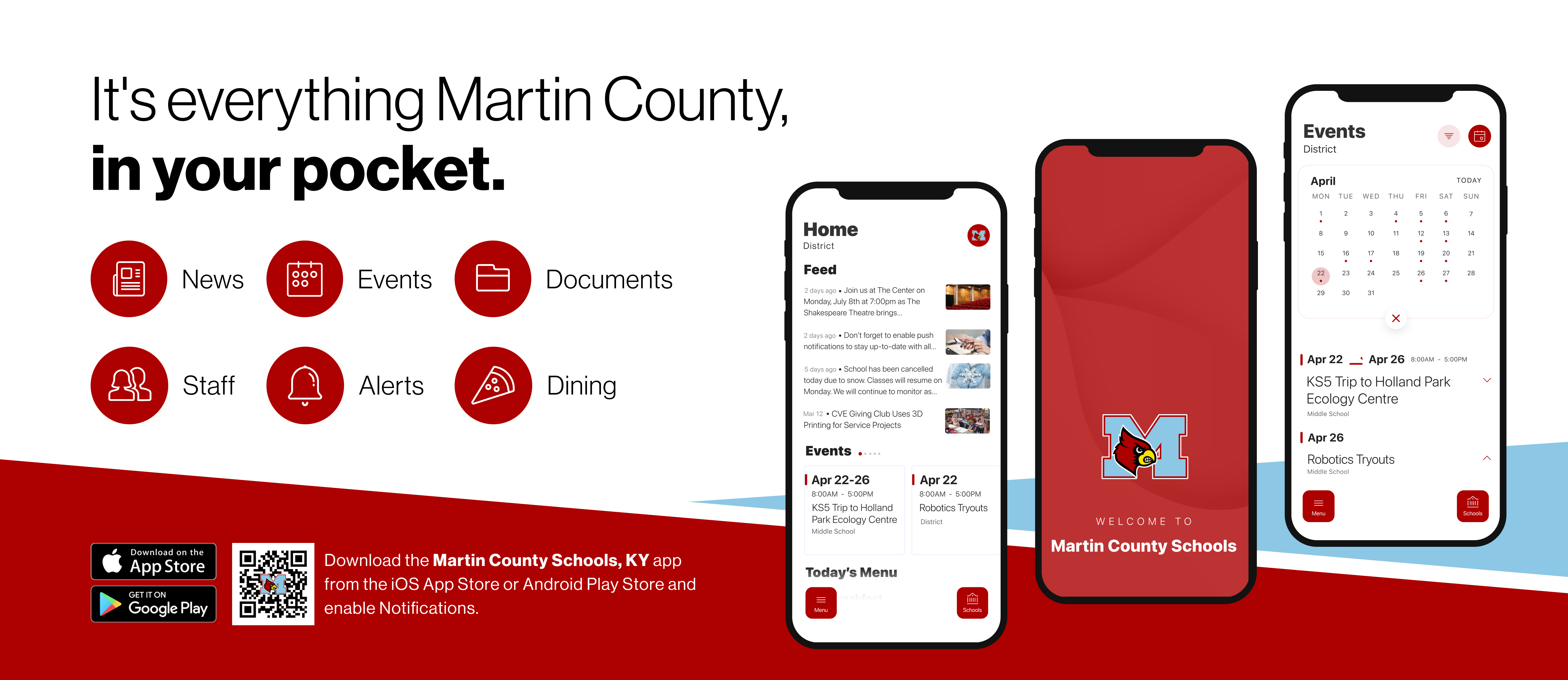 It's everything Martin County in your pocket. News, Events, Documents, Staff, Alerts, & Dining. Download the martin county schools, ky app from the iOs or android play store and enable notifications.