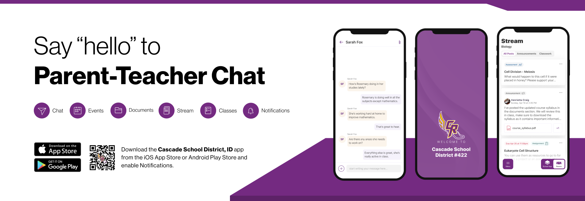 Say hello to Parent-Teacher chat in the new Rooms app. Download the Cascade School District app in the Google Play or Apple App store.