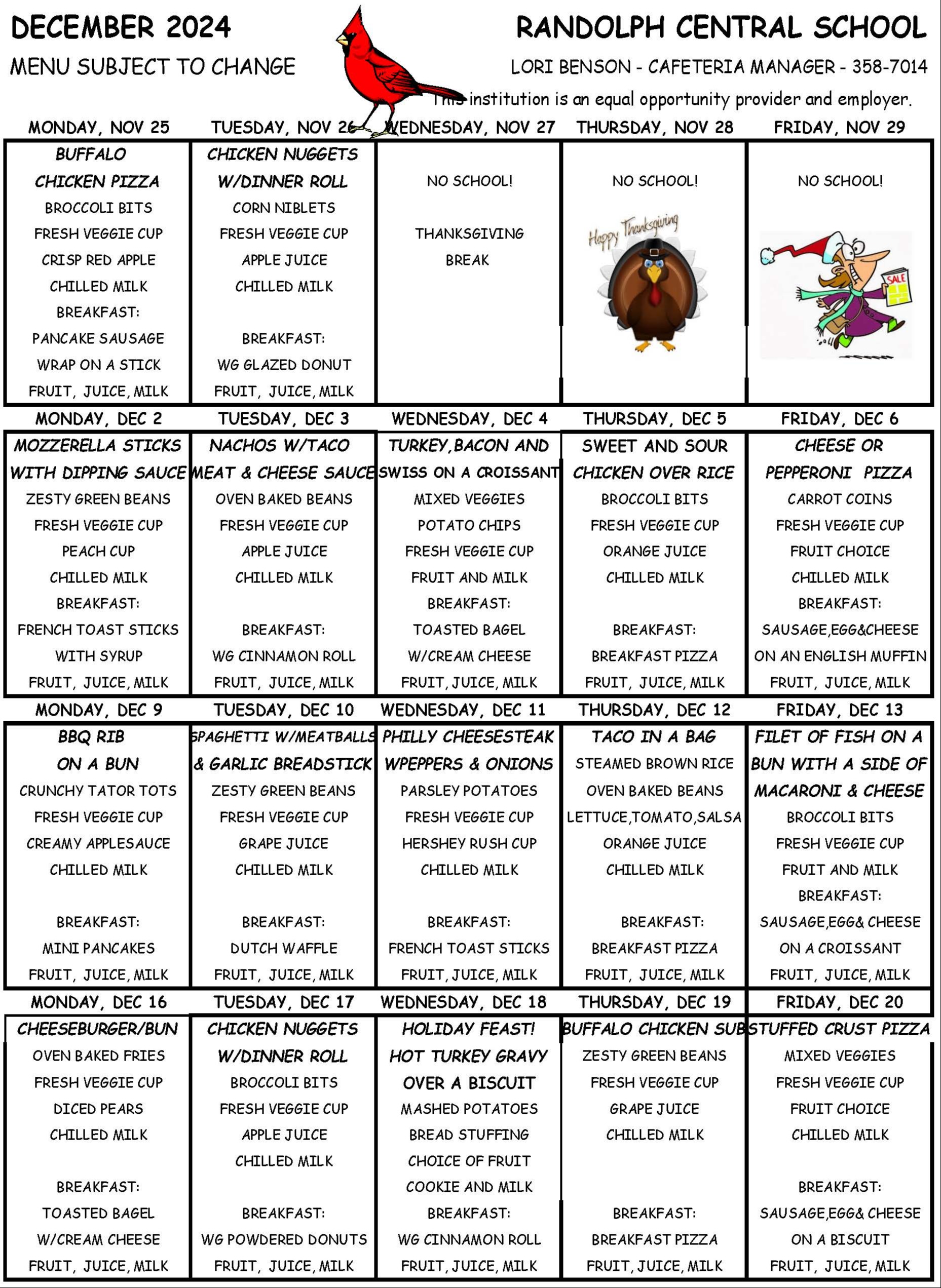 High School December Menu