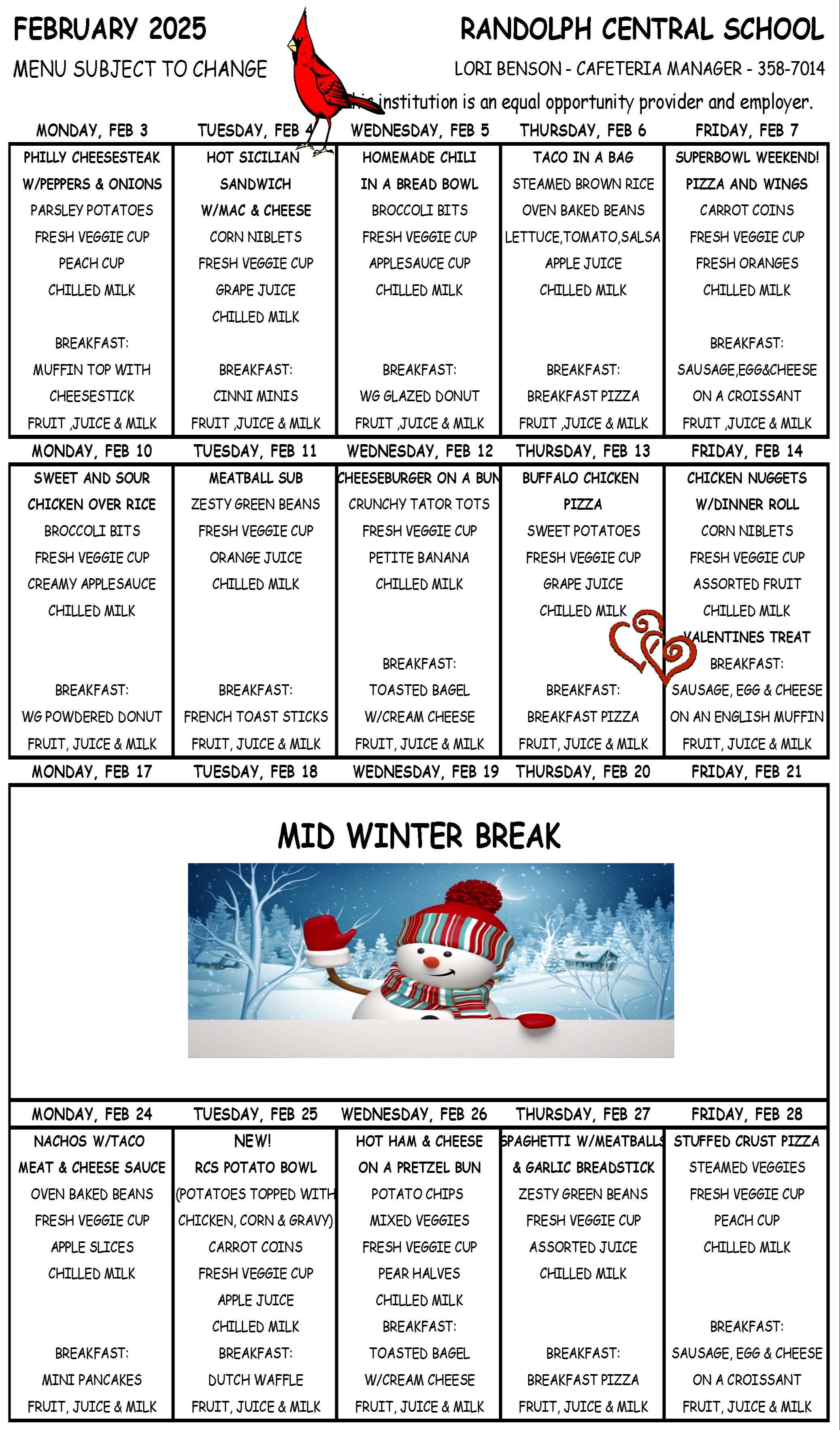 High School February Menu