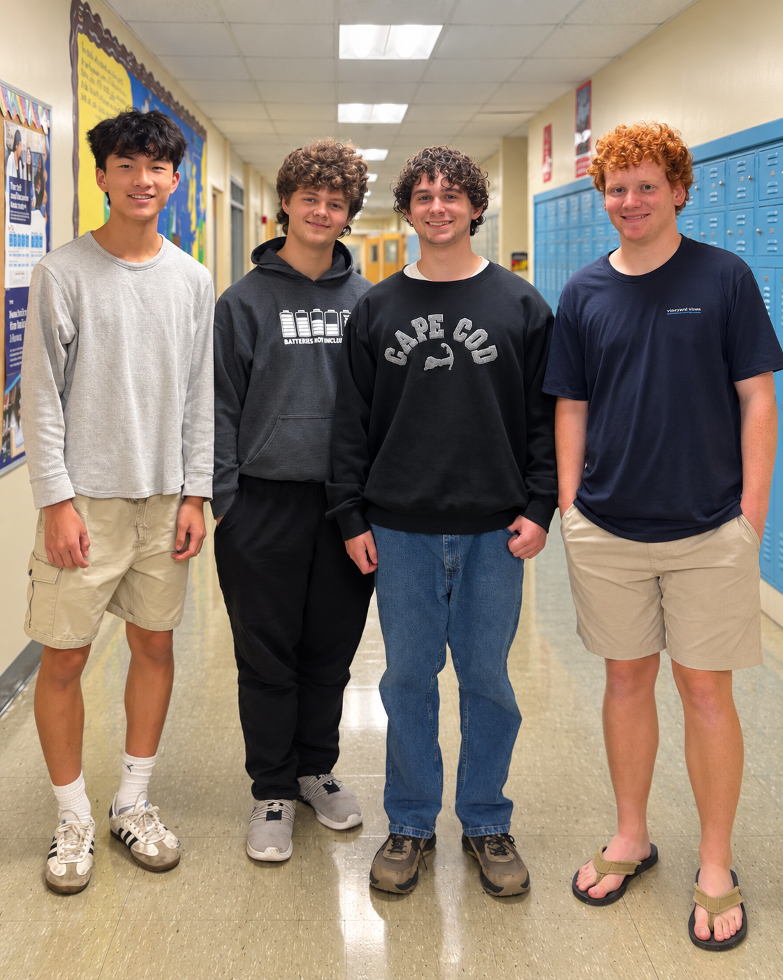 Four boys in shorts and t-shirts stand in a hallway with lockers behind them.