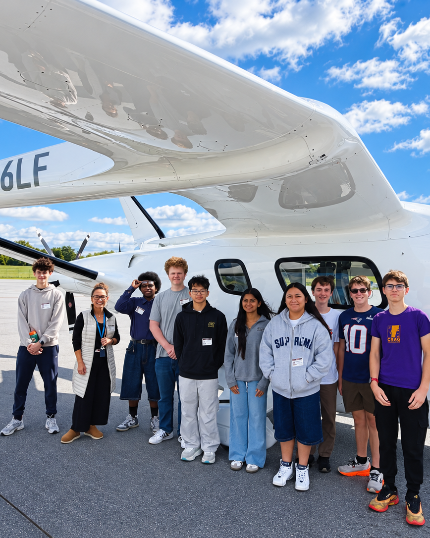 Students stand by a white airplane labeled BETA. The sky is blue with some clouds.