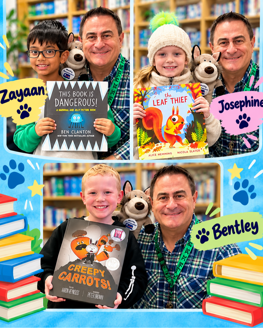 Four smiling people, two boys and two girls, each holding a book, pose for a photo in a library.