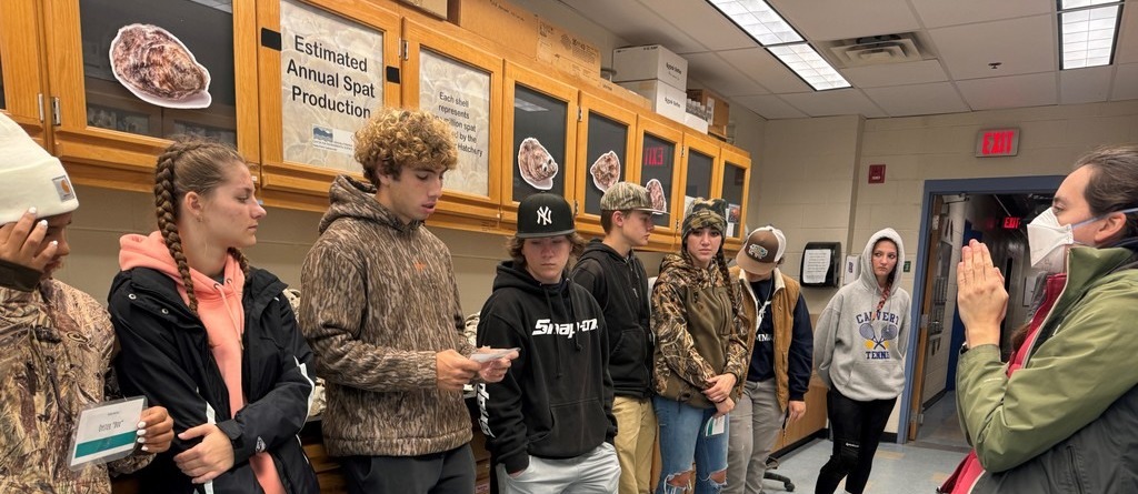 students standing along a counter listening to a presentation