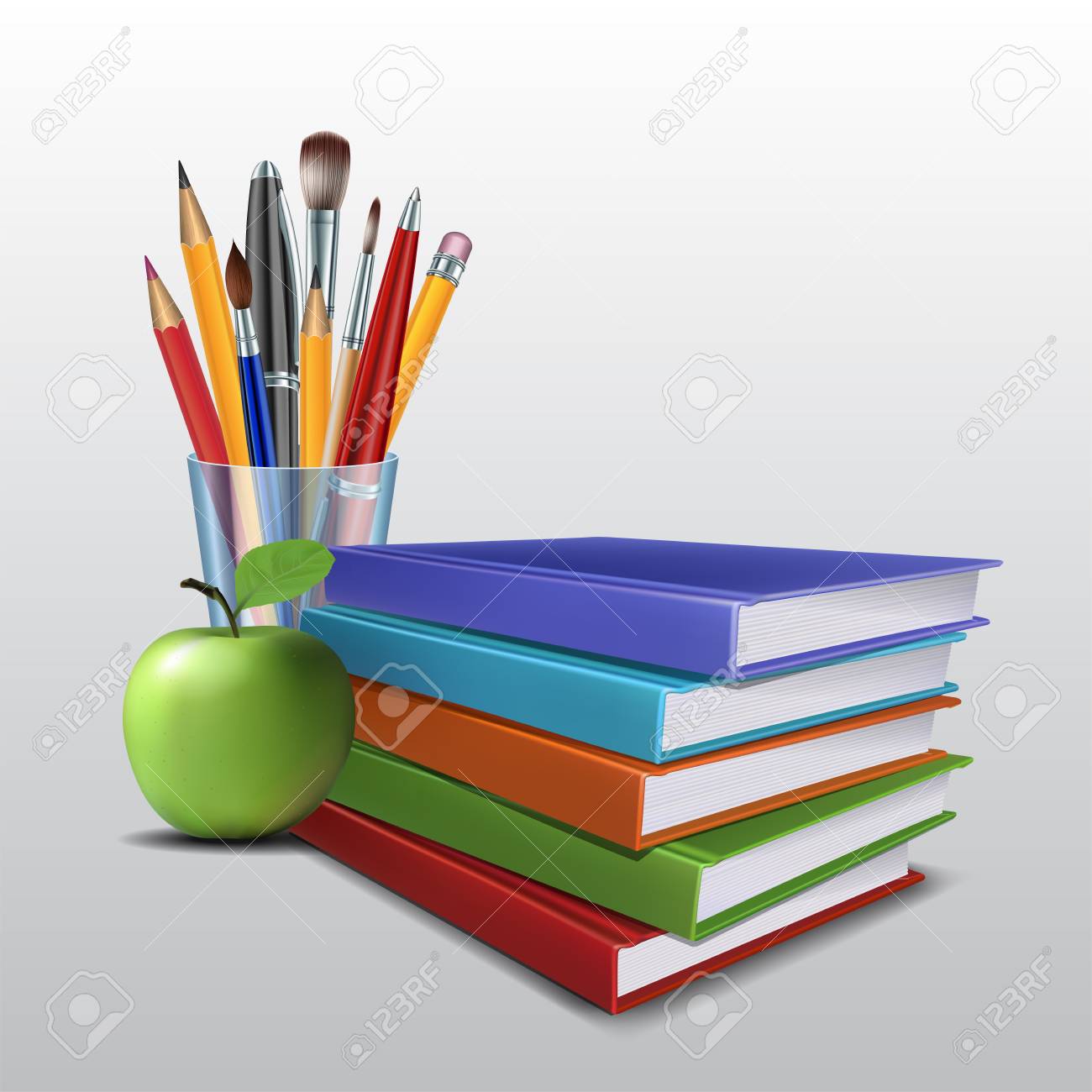 Stack of books by pencil and apple