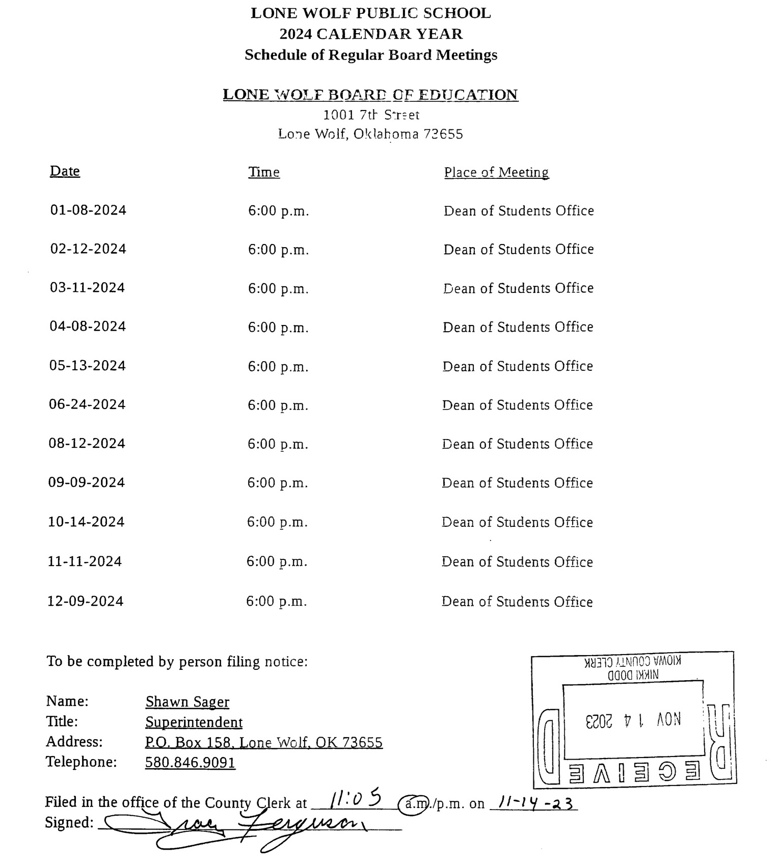 Board Meetings 2024 Lone Wolf Public Schools