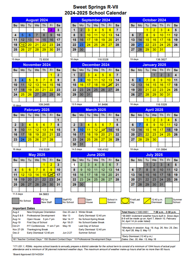 20242025 Academic Calendar Sweet Springs RVII School District