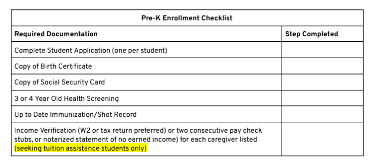 pre-k checklist 