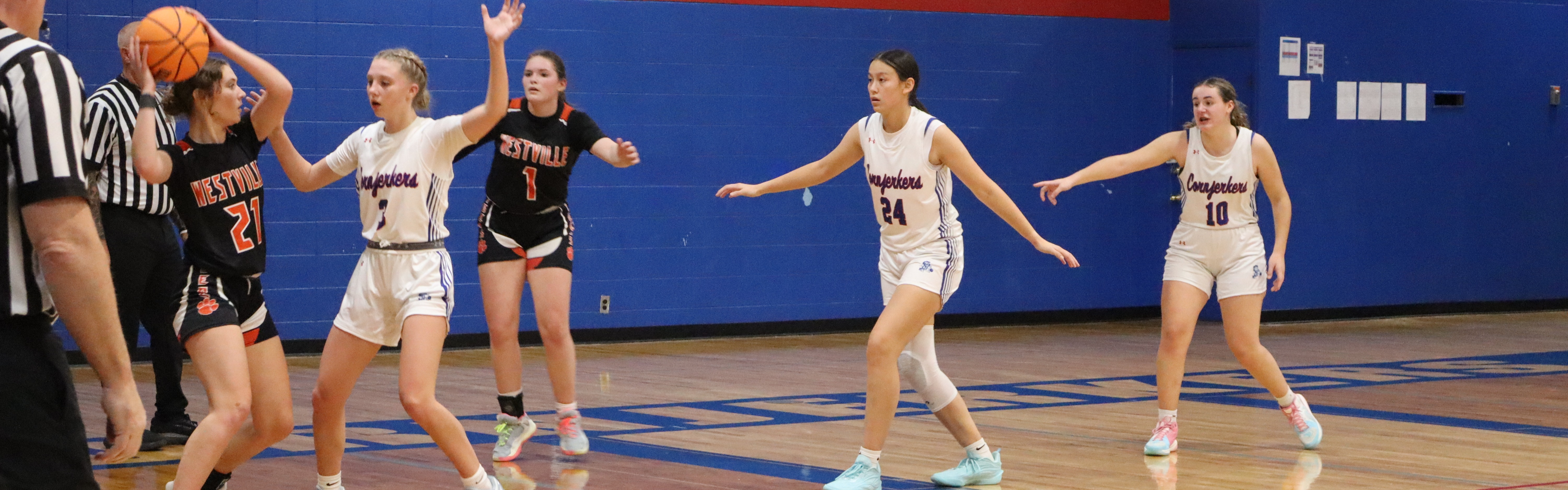 Girls B-ball playing defense