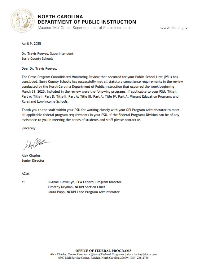 Cross-Program Consolidated Monitoring Review-Closure Letter-No Findings 4-09-2025