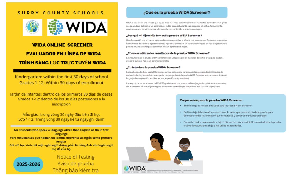 WIDA Screener Testing Notice -Spanish