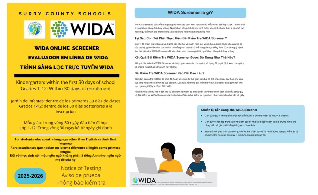 WIDA Online Screener Notice-Vietnamese