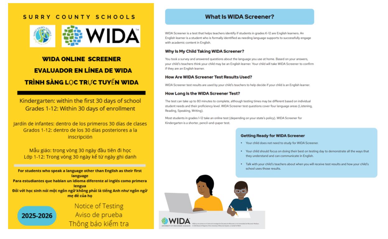 WIDA Screener Testing Notification-English