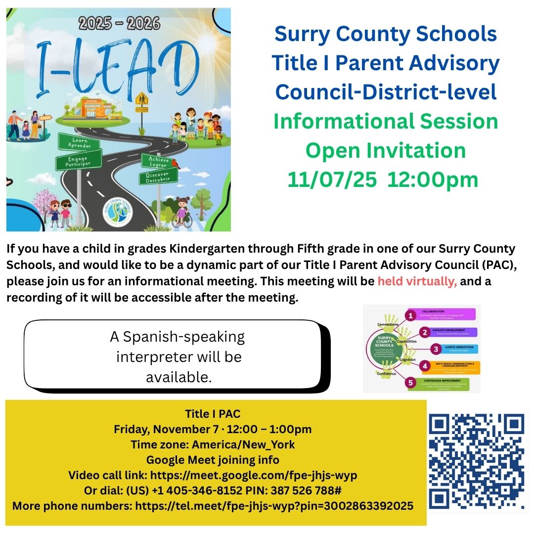 Open Invitation to the district Title I Parent Advisory Council Meeting held on 11-07-2025 virtually 12:00-1:00 pm