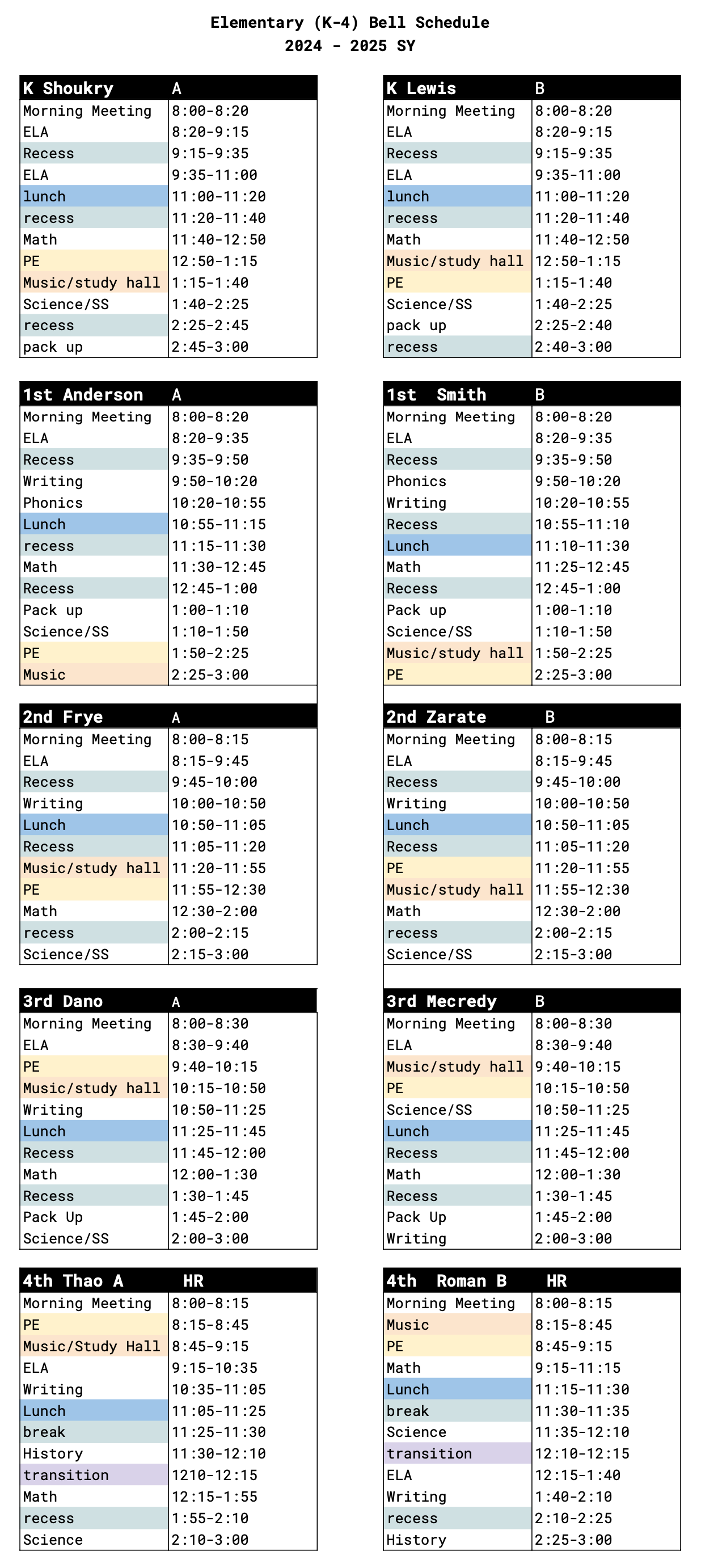 K-4 schedule