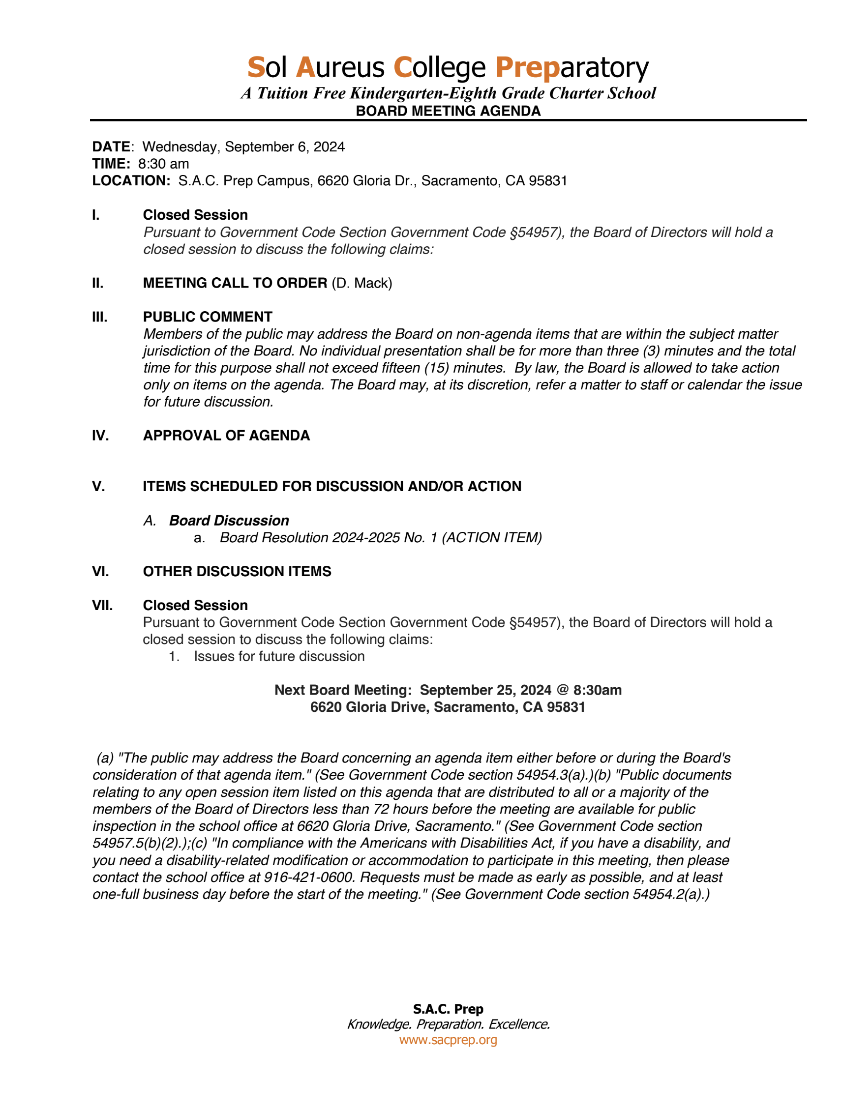 Board Meeting Agenda for September 6th, 2024 special meeting