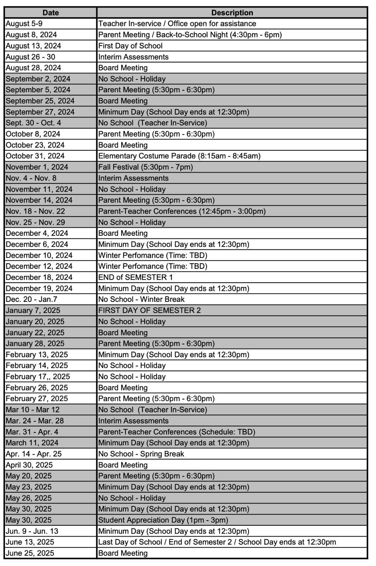 2024- 2025 Academic Calendar List