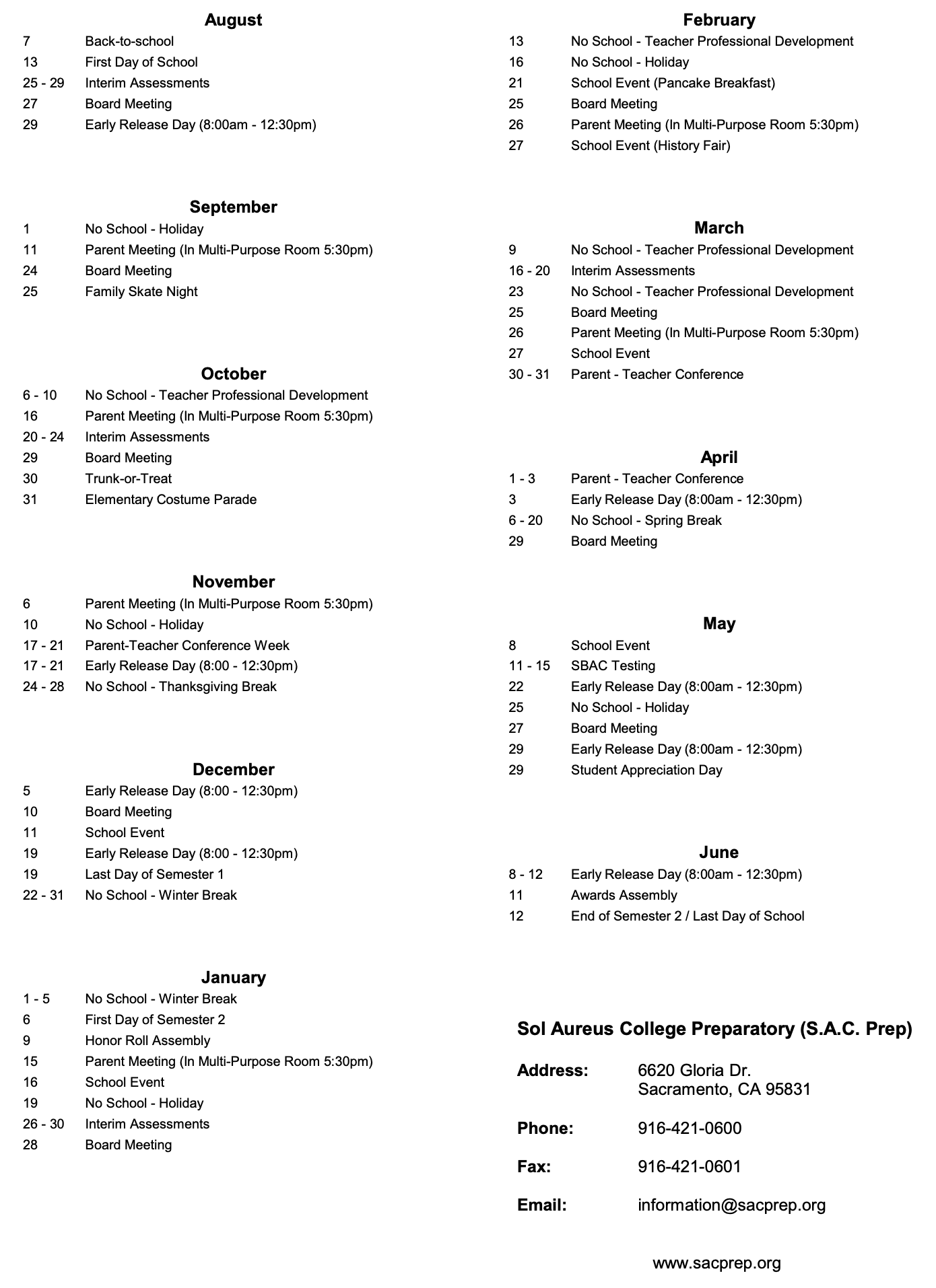2025- 2026 Academic Calendar List