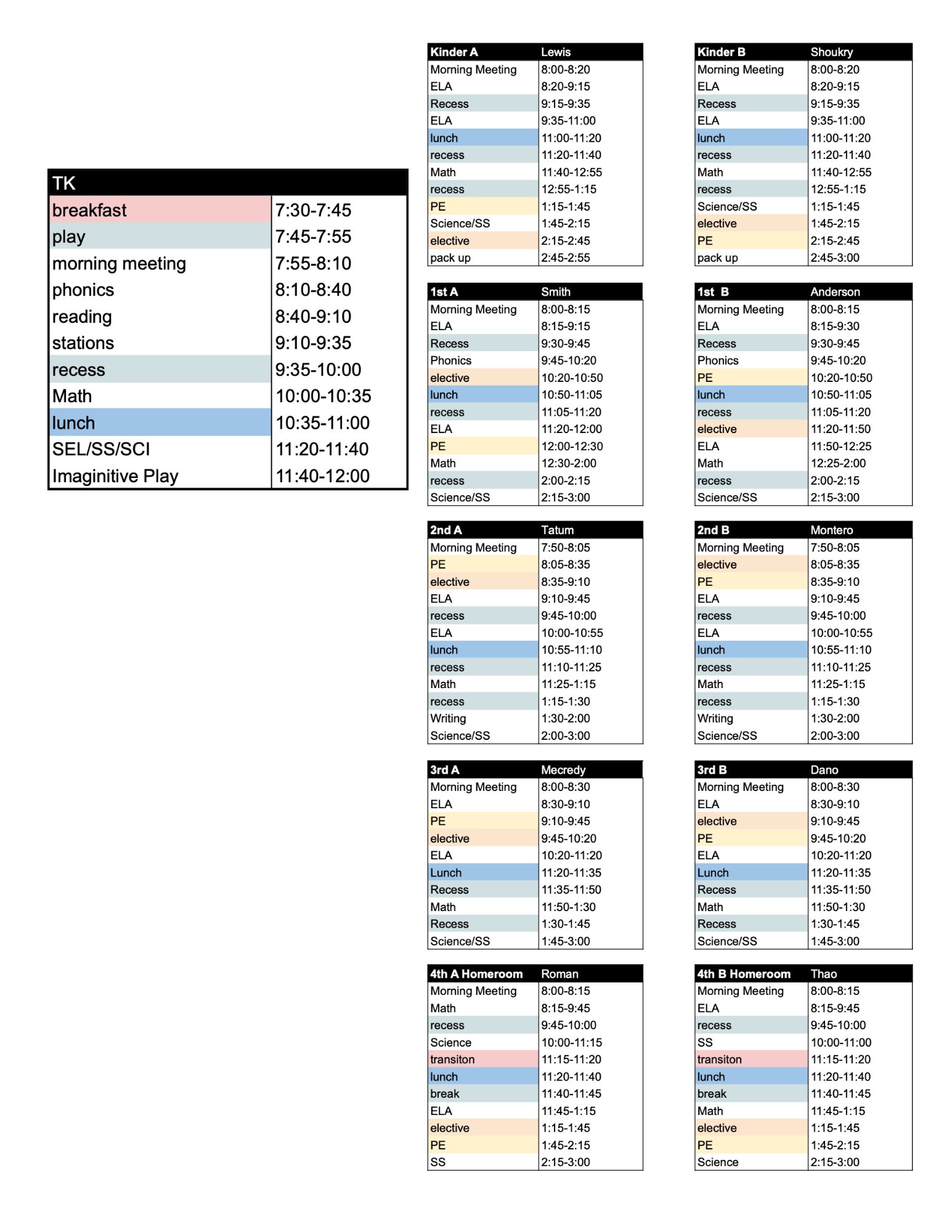 Elementary TK-4th grade schedule