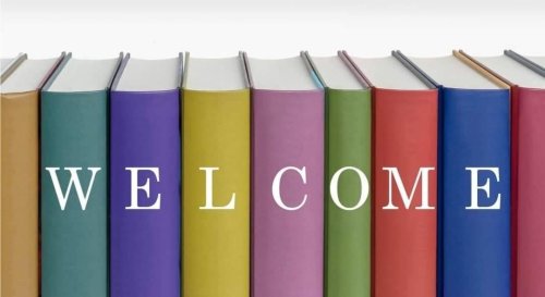 Welcome sign with background of books