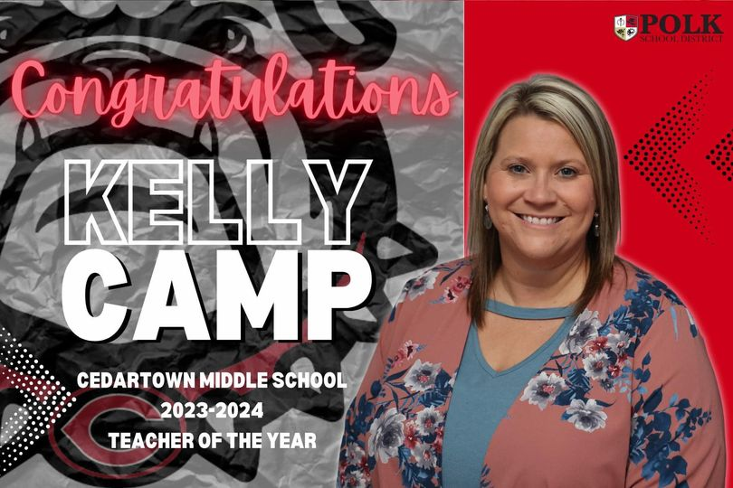 Photo of CMS teacher of the Year with red and black background