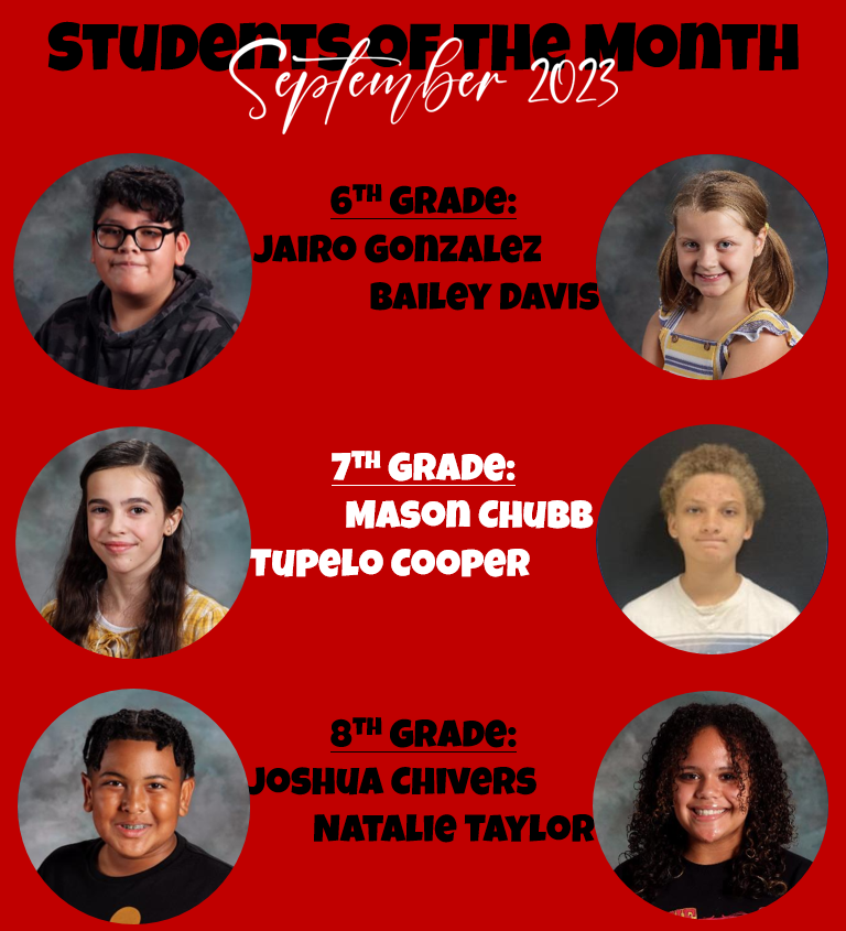 September Students of the Month 2023 photos with red background and white and black text