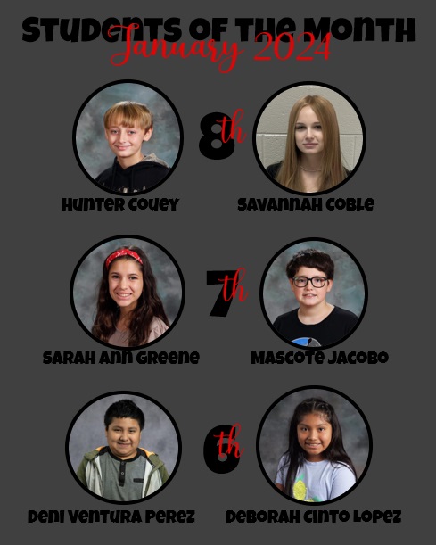 photos of students of the month on gray background with red and black text