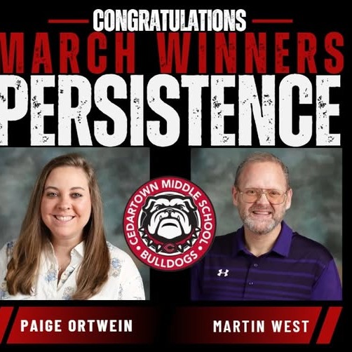 photos of winners with bulldog mascot in center on black background with red and white text