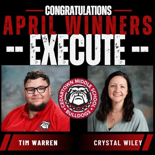 photos of winners with bulldog mascot in center on black background with red and white text