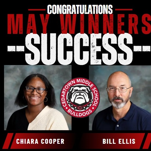 photo of teacher winners on black background with red and white text and school seal in center