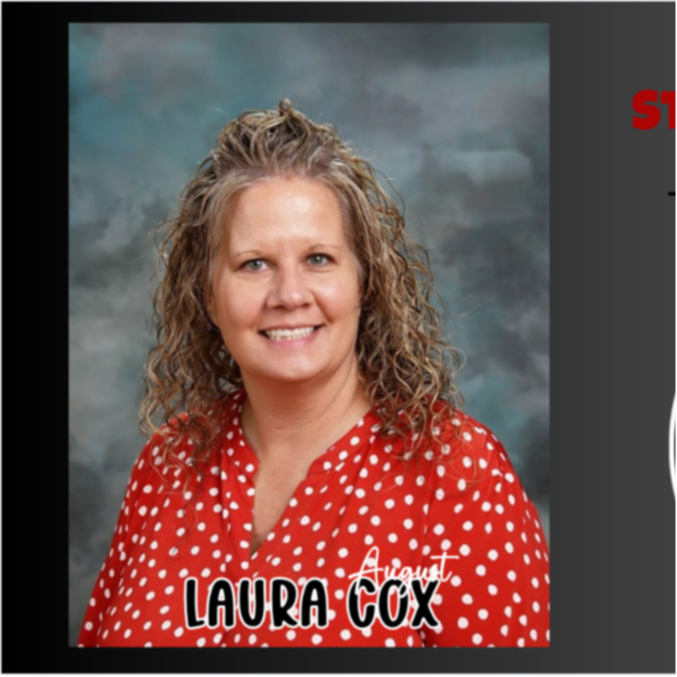 photo of staff of the month on gray background with red and black text and bulldog mascot for accent