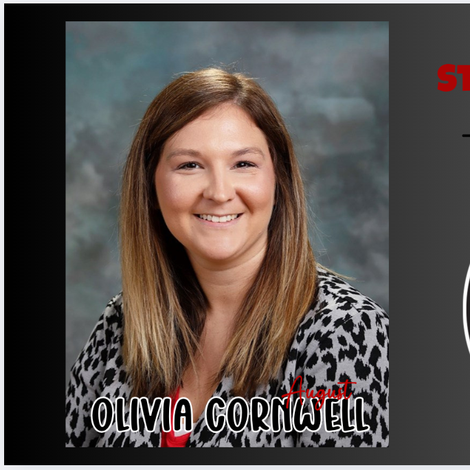 photo of staff of the month on gray background with red and black text and bulldog mascot for accent