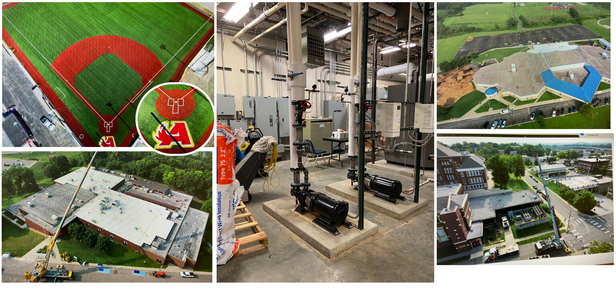 Picture collage of completed bond projects: baseball field and HVAC systems