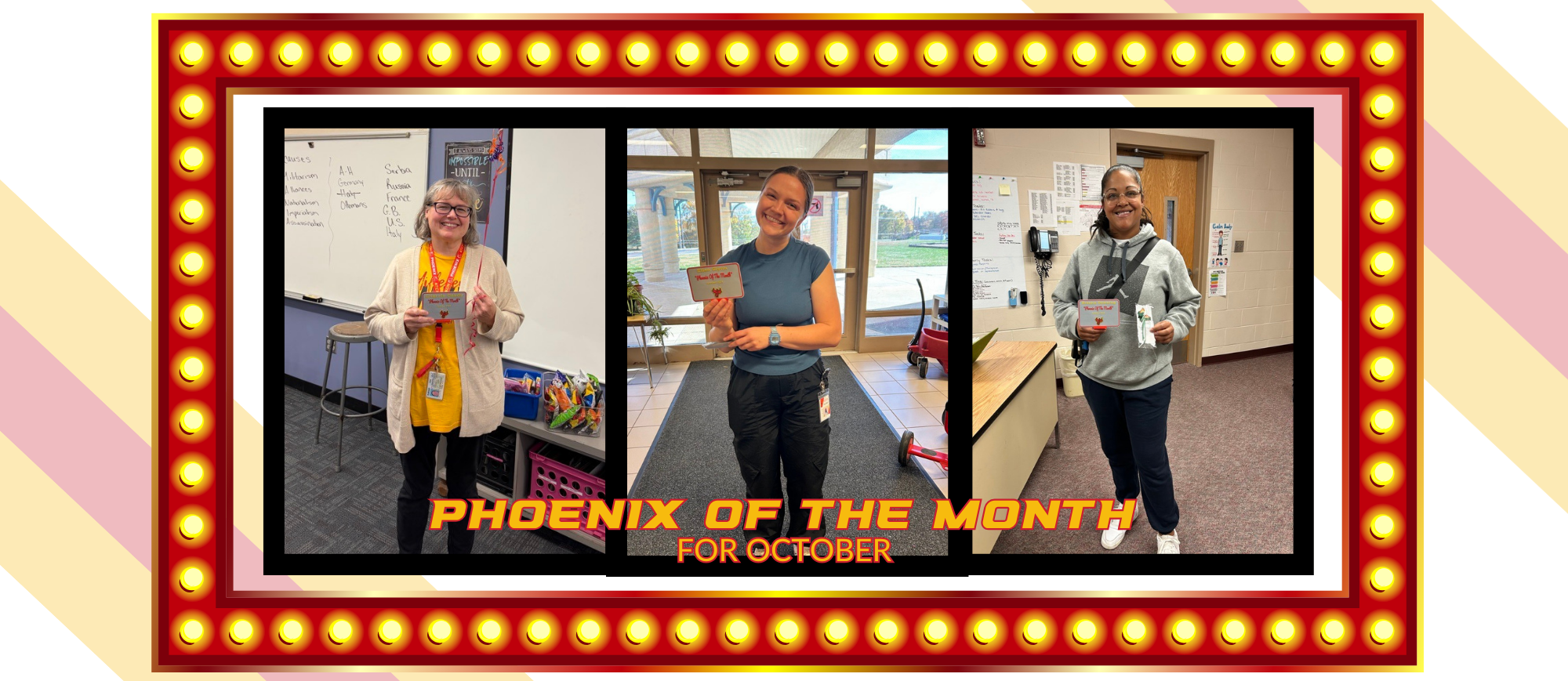 Photo of staff members Cherrie, Ellen, and Bre, honored as October Phoenix of the Month  for  embodying what it means to RISE as a Phoenix — showing heart, dedication, and positivity in all they do.