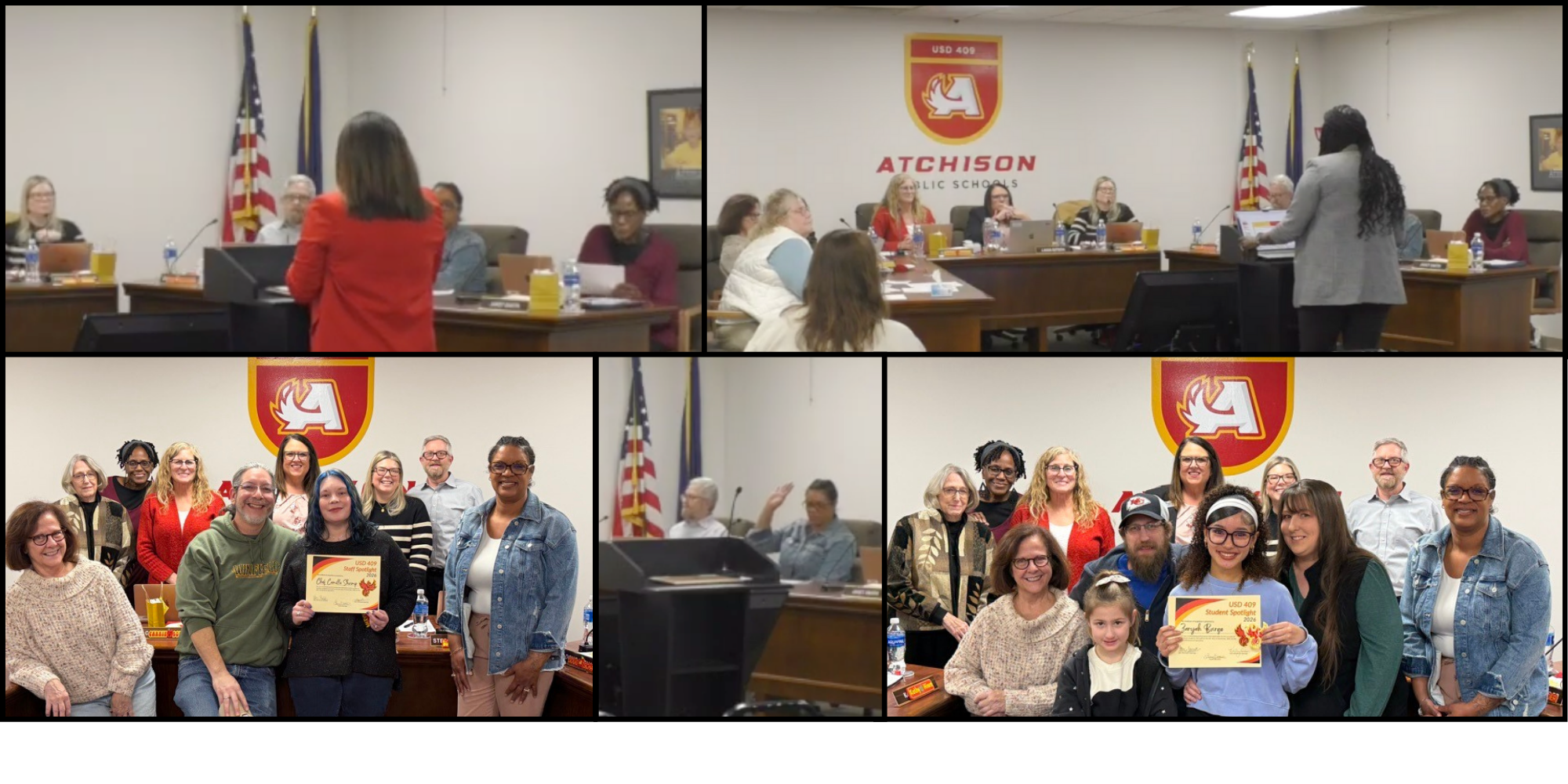 Collage of photos from board meetings, including presentations, recognitions and voting. 