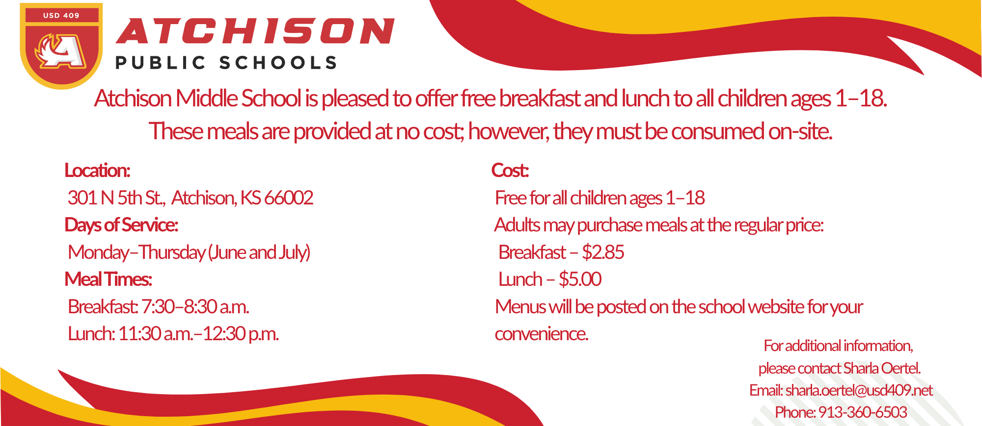 Free breakfast and lunch for children ages 1-18 will be provide at AMS Monday-Thursday in June and July. Contact Sharla Oertel  at 913-360-6503 for more information.